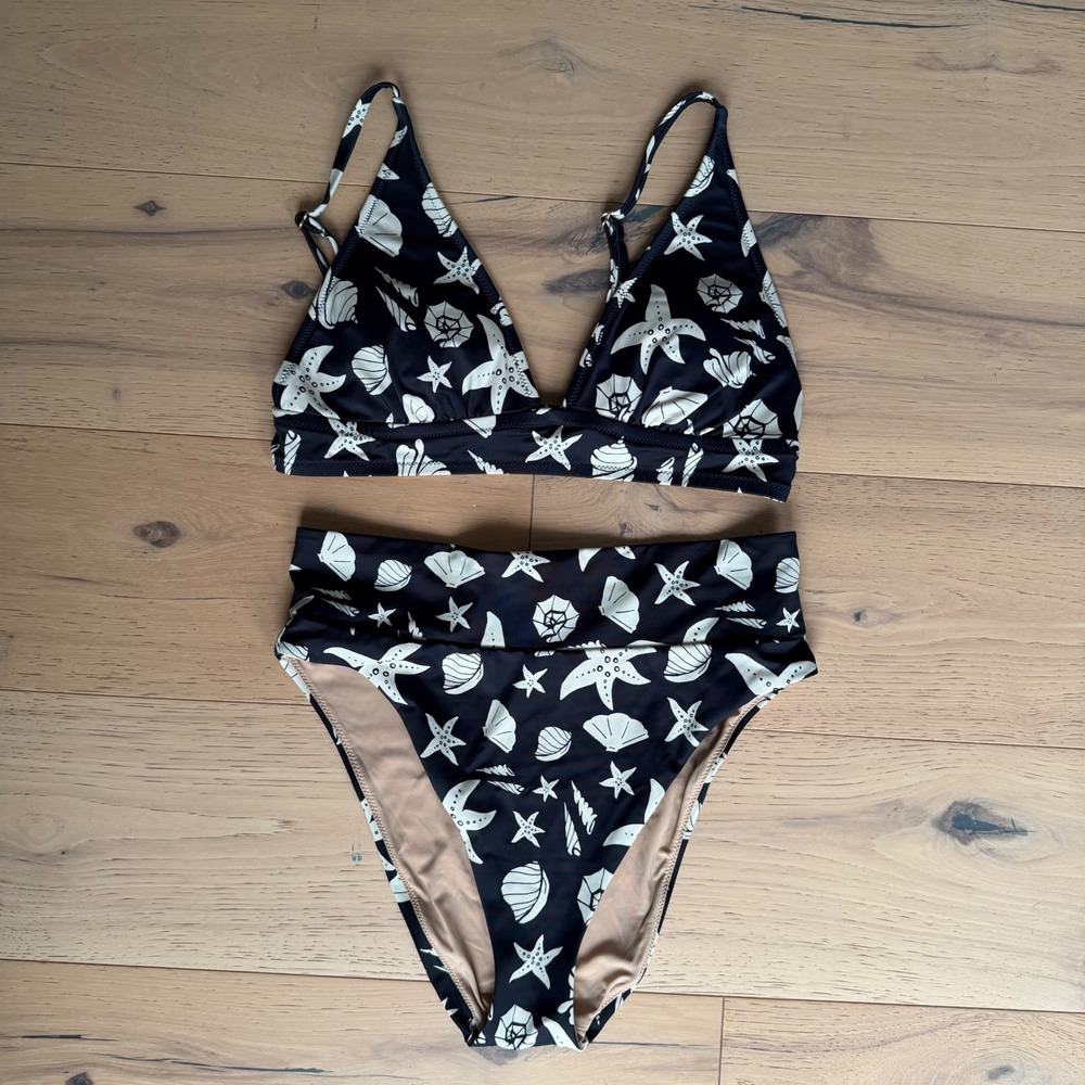 MeUndies Seashell Starfish Bikini Set Black White High Waist Size Small
